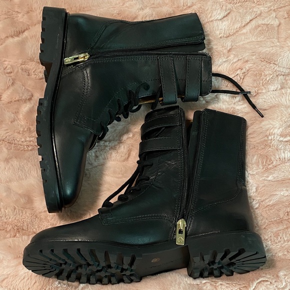 ANTONIO MELANI Black Lace-Up Buckle Combat Boots - Picture 2 of 10